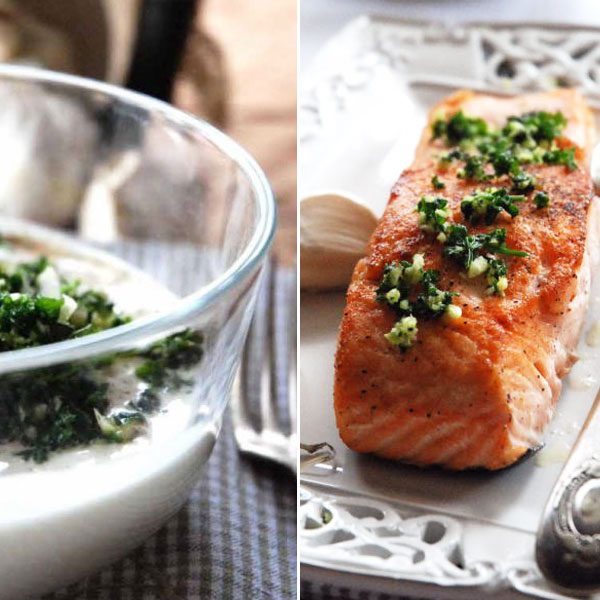 Dinner Pan Fried Salmon with Fresh Herbs Yogurt Sauce