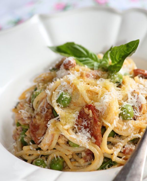 Spicy Chicken Pasta with Chorizo & Green Peas