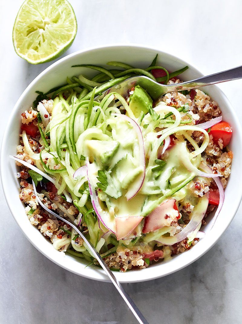 Quinoa and Cucumber Noodles Salad With Avocado Dressing