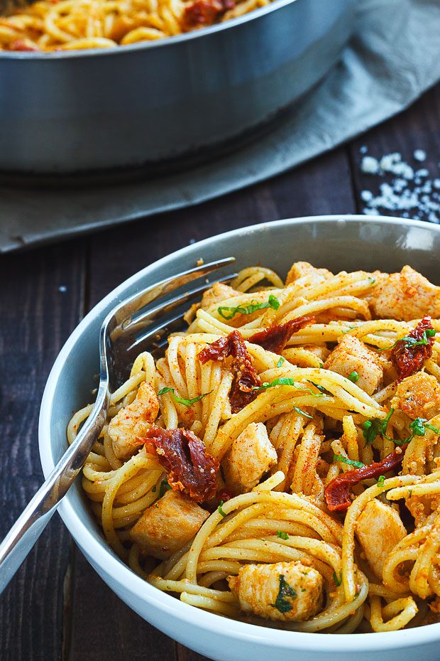 Chicken, spaghetti, sun dried tomatoes, parmesan and basil combine to create an easy meal loaded with flavor.