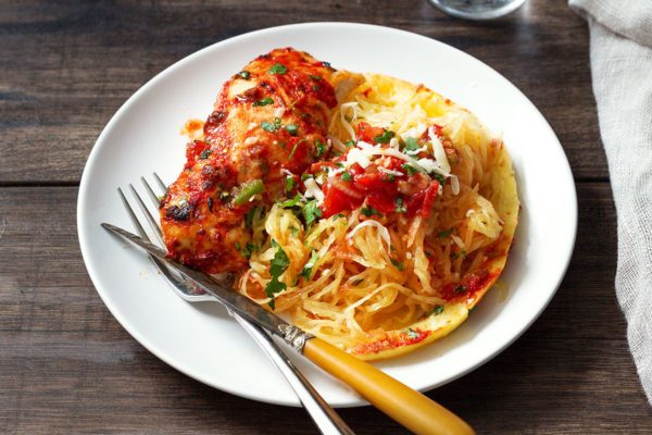 Sheet-Pan Salsa Chicken with Spaghetti Squash