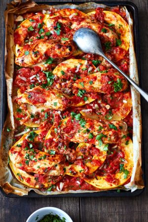 Sheet-Pan Salsa Chicken with Spaghetti Squash