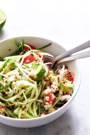 Quinoa and Cucumber Noodles Salad With Avocado Dressing