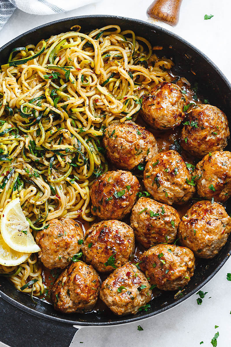 Garlic Butter Turkey Meatballs with Lemon Zucchini Noodles