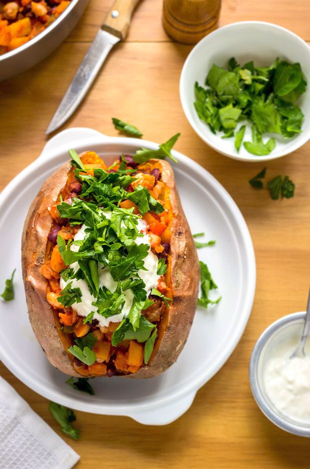 Stuffed Sweet Potato With Vegetable Chili