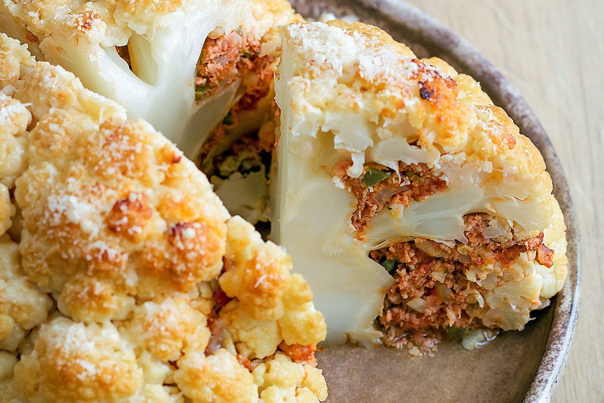 Roasted Stuffed Whole Cauliflower with Ground Beef and Cheese