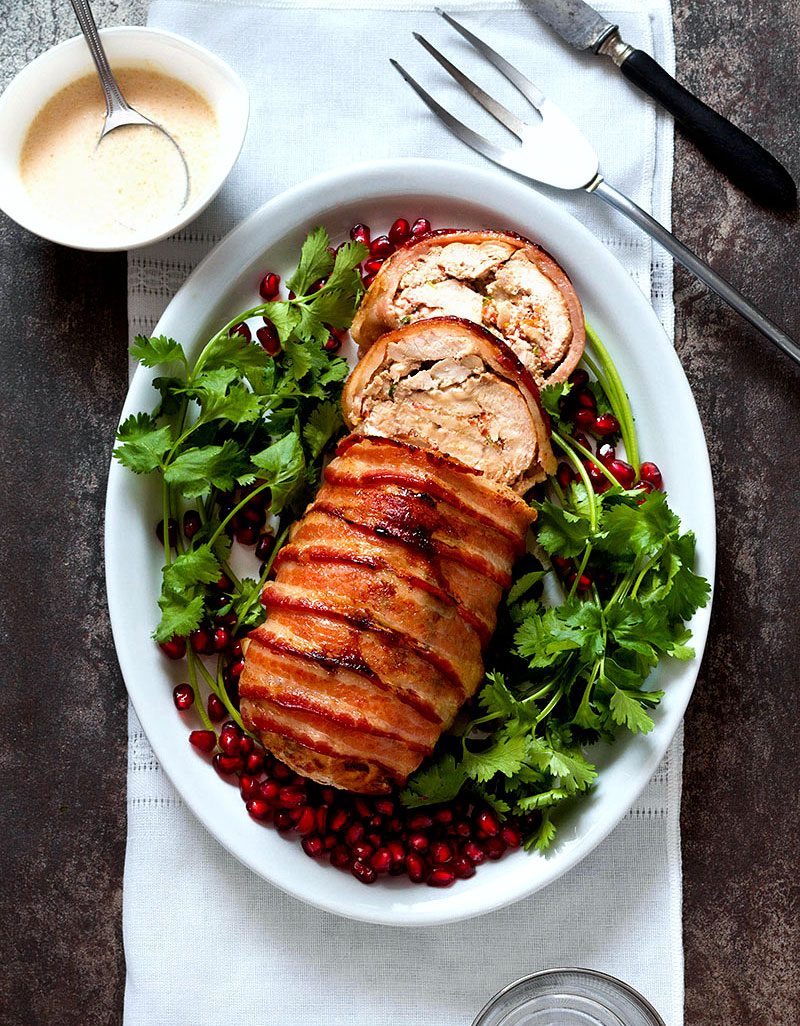 Roasted Bacon Chicken Stuffed with Dried Tomatoes and Cheese