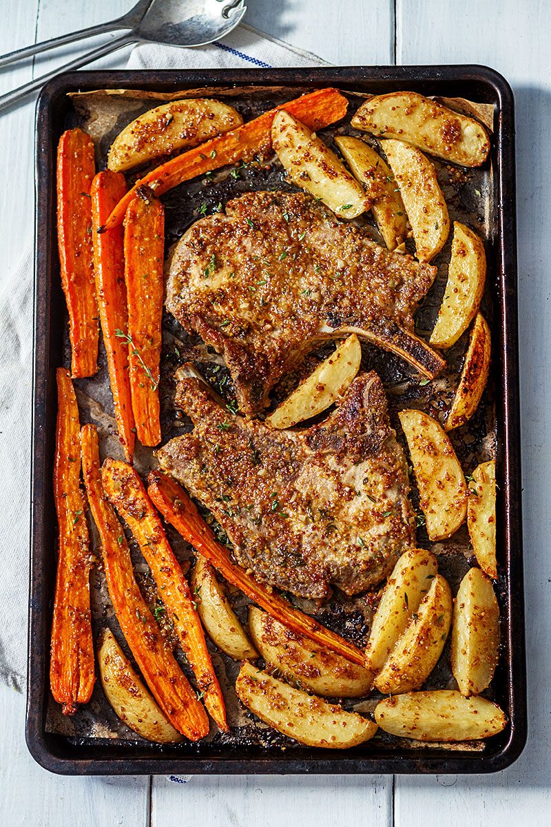 Sheet Pan Pork Chops with Carrots and Maple Dijon Potatoes