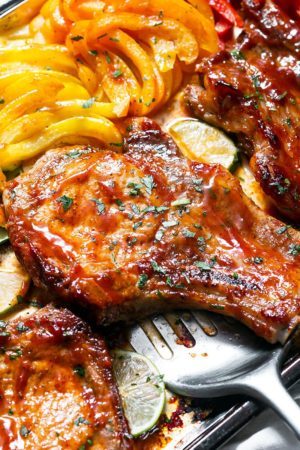 Baked BBQ Pork Chops with Zucchini and Peppers