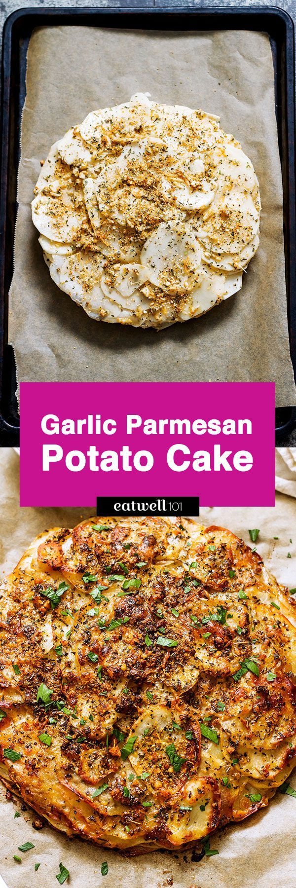 Baked Garlic and Parmesan Potato Cake - #potato #recipe #eatwell101 - This baked potato cake is rich , savory, and delicious – the perfect finger food!