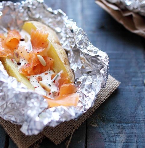 Baked Potatoes in Foil with Smoked Salmon