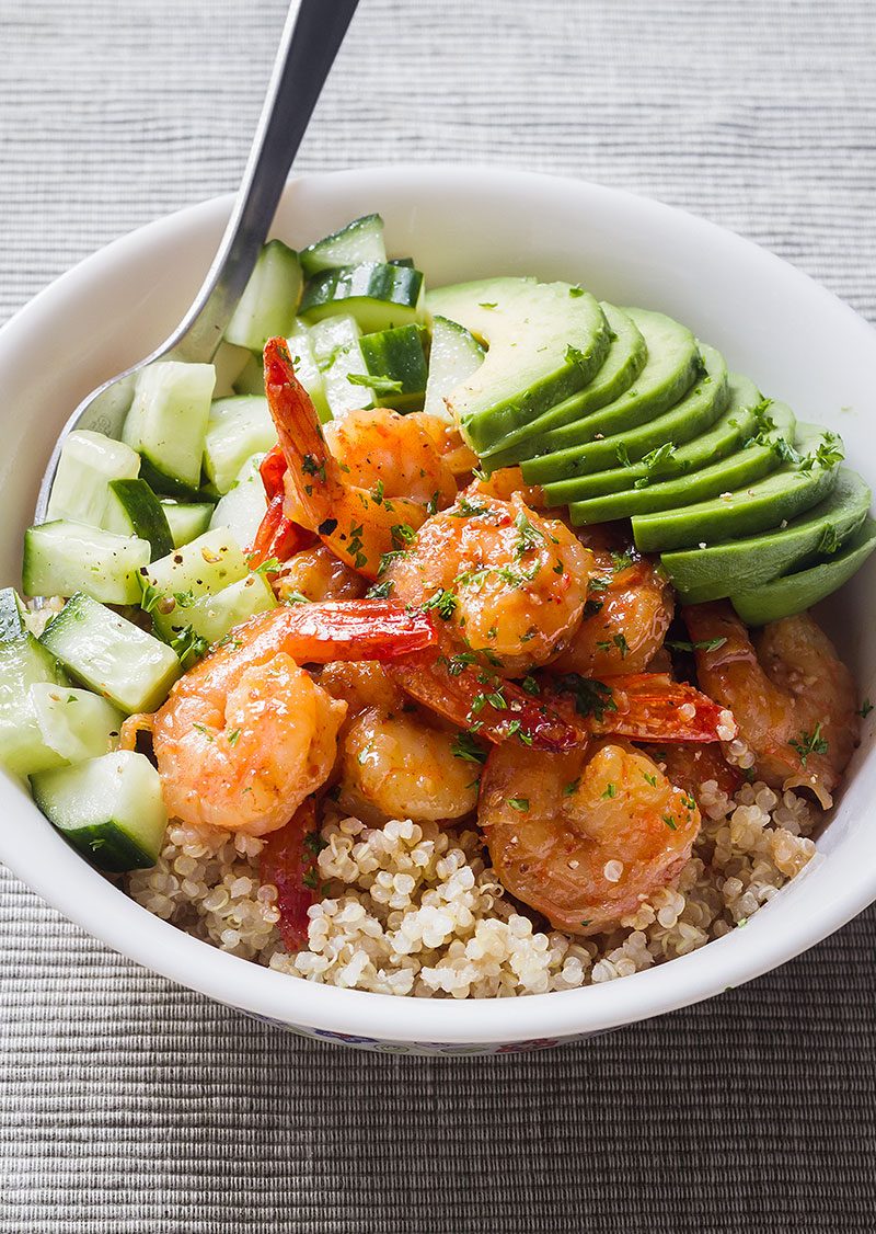Quinoa Shrimp Bowl – Garlicky, sweet, sticky shrimp with lots of flavor.