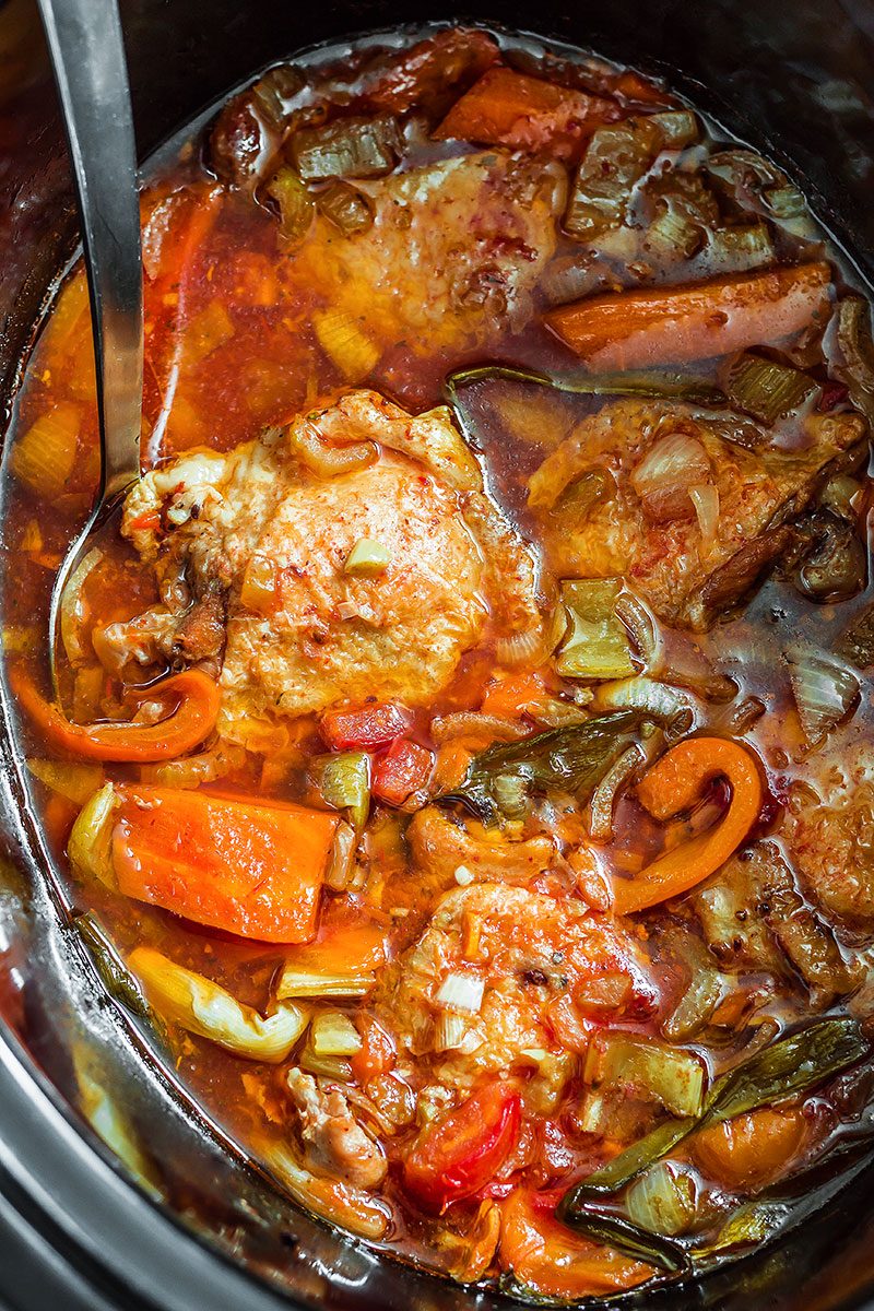 Slow Cooker Chicken with Tomatoes and Bell Peppers — SO EASY, the perfect meal to come home to after a long workday!