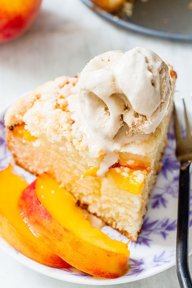 Peach crumb cake — Loaded with juicy peaches and topped a crunchy streusel crumb topping.