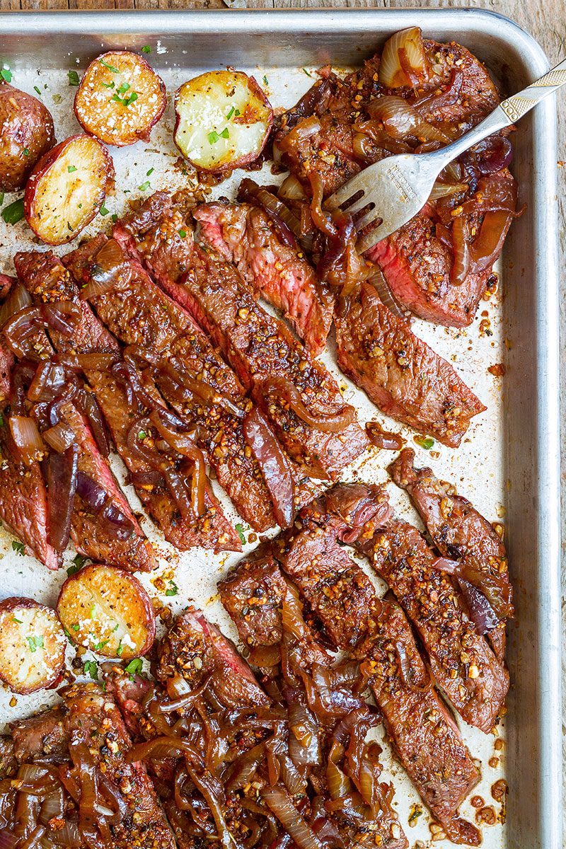 Sheet Pan Steak and Potatoes — #eatwell101 #recipe #steak #dinner - Perfectly seasoned, melt-in-your-mouth tender steak and crisp cheesy potatoes — An easy dinner ready in less than an hour