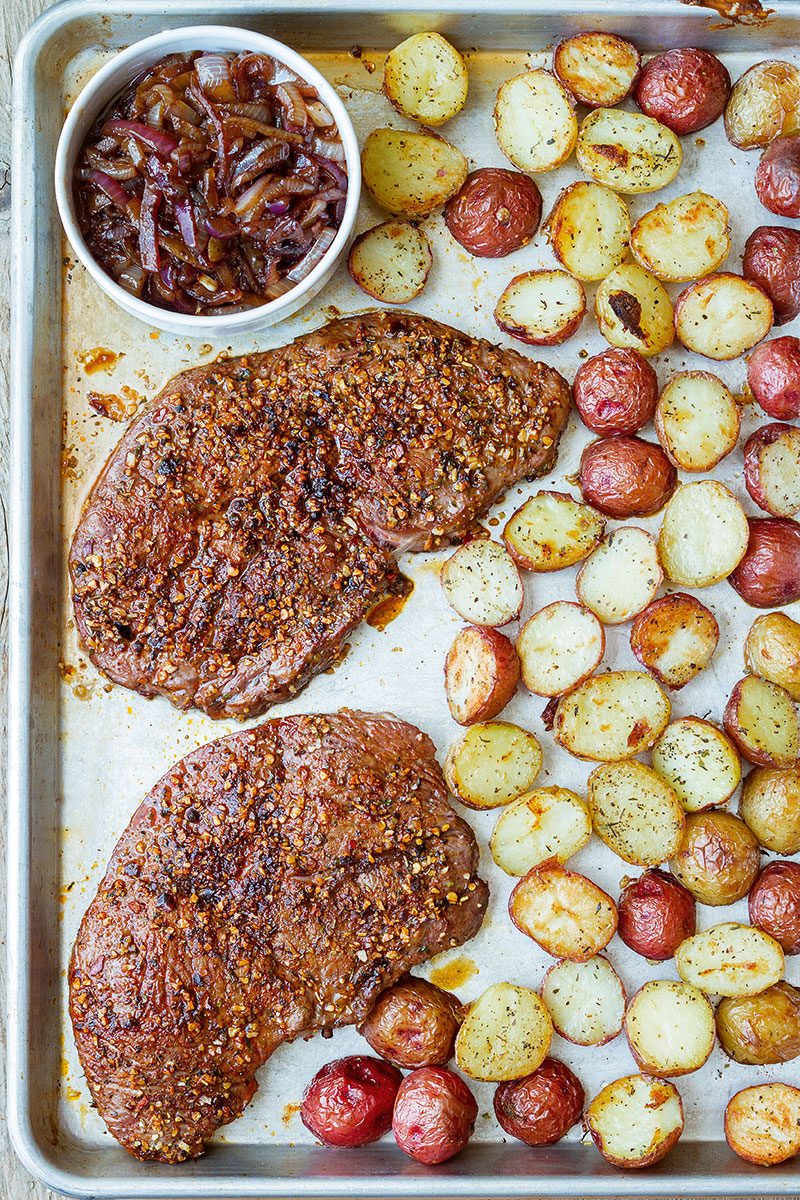Sheet Pan Steak and Potatoes — #eatwell101 #recipe #steak #dinner - Perfectly seasoned, melt-in-your-mouth tender steak and crisp cheesy potatoes — An easy dinner ready in less than an hour