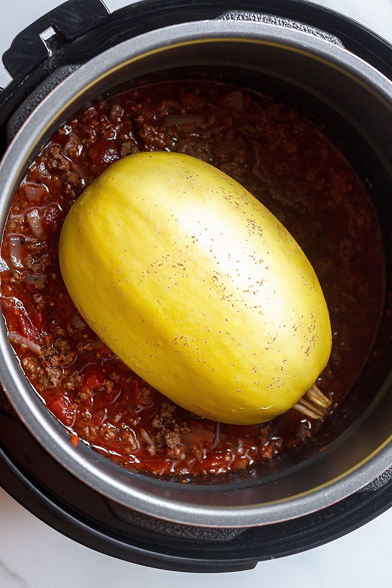 Instant Pot Spaghetti Squash with Meat Sauce — #eatwell101 #recipe #keto #lowcarb #instantpot - Easy, low carb, and packed with protein and veggie to keep you full and happy!