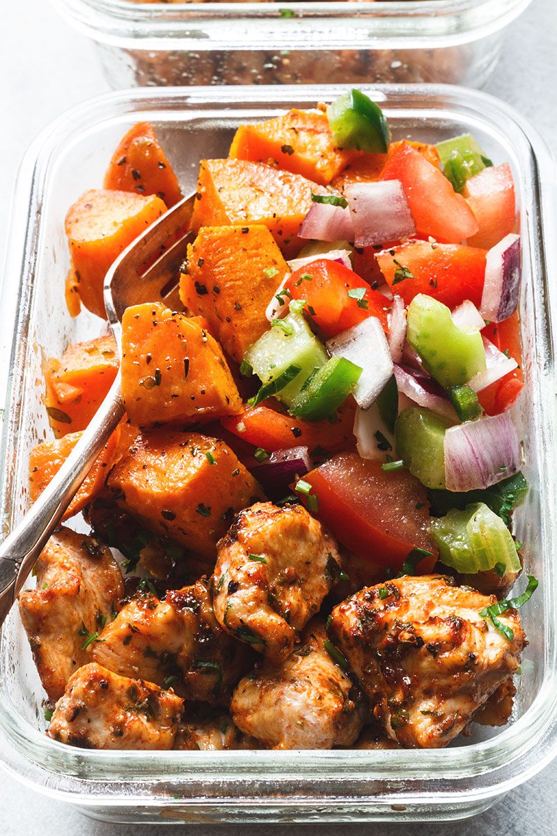 Roasted Chicken and Sweet Potato Meal Prep - Roasted to perfection, this sheet pan chicken and sweet potato is perfect for meal prep.