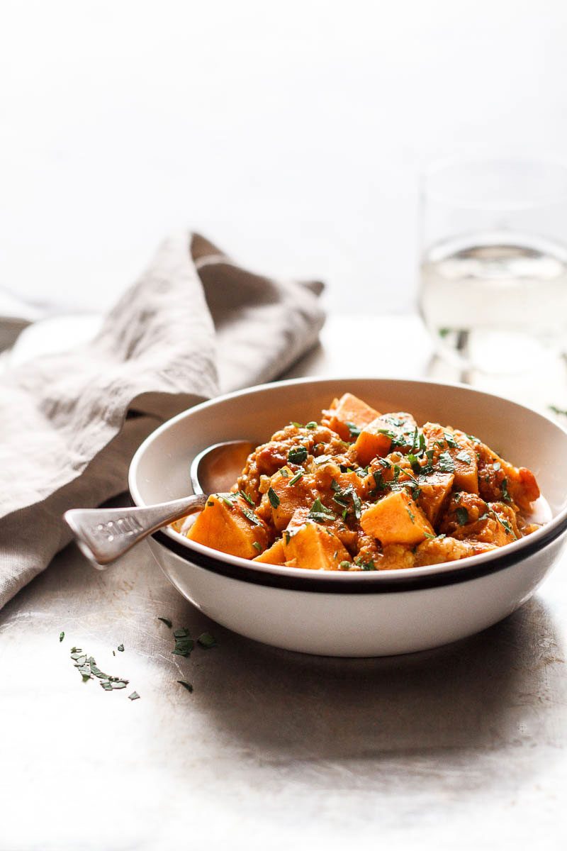 Cauliflower Sweet Potato Curry - A quick and comforting vegan dinner that's loaded with tender sweet potato and cauliflower. 