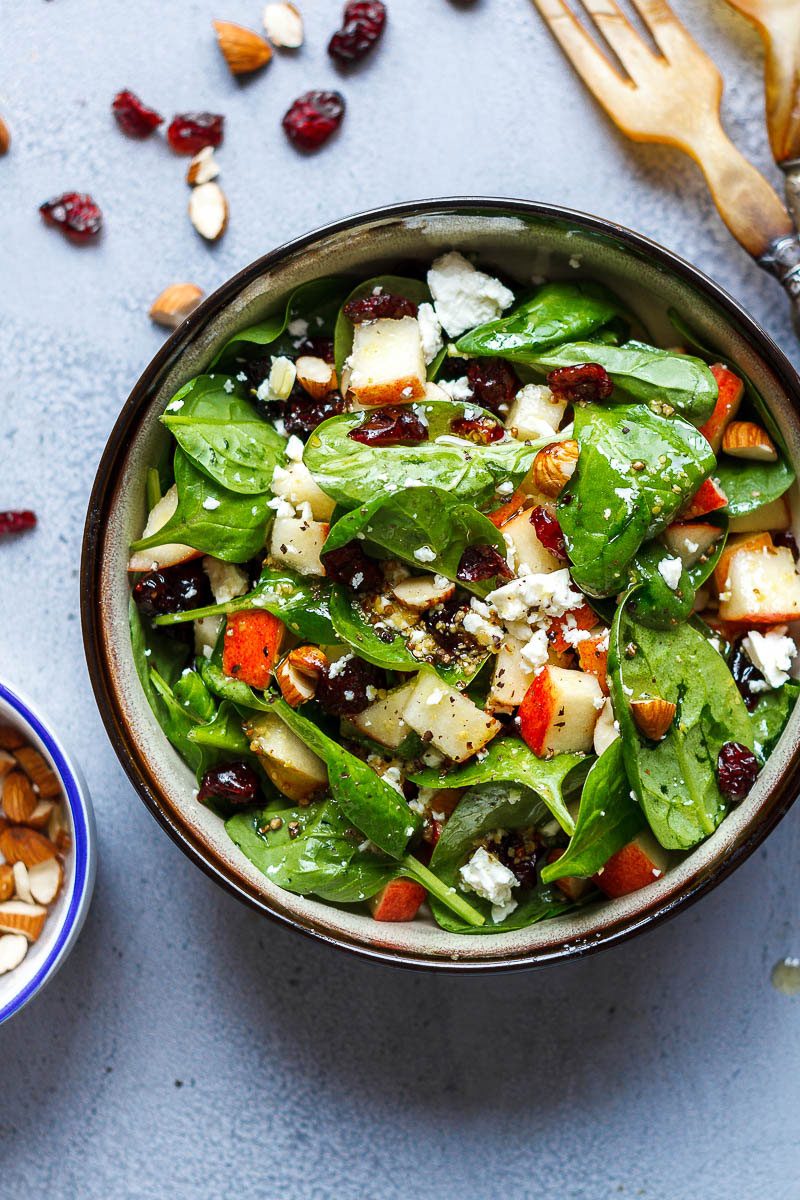 Apple Almond Feta Spinach Salad - Crunchy, sweet and easy to make, this healthy spinach salad is full of fresh flavors.