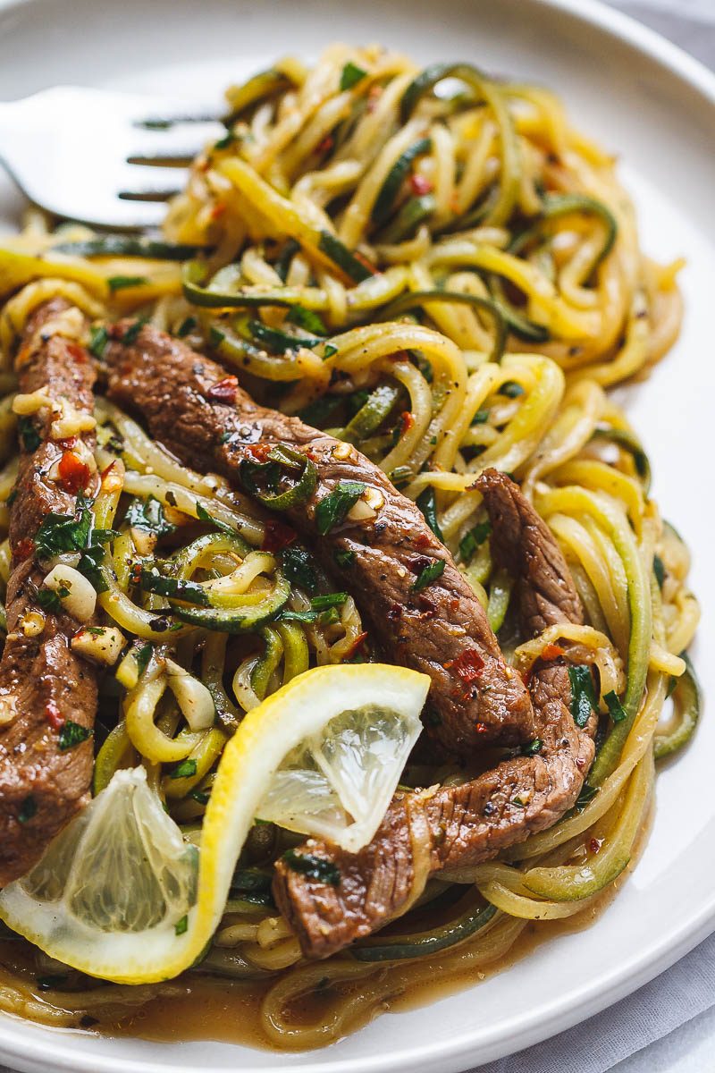 15-Minute Garlic Butter Steak with Zucchini Noodles — #eatwell101 #recipe - Delicious juicy marinated steak and zucchini noodles, so much flavor and nearly IMPOSSIBLE to mess up! #Garlic #Butter #Steak  #Zucchini #Noodles