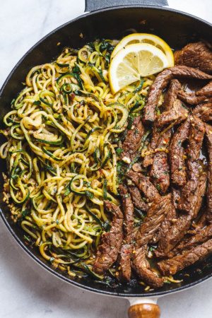 15-Minute Lemon Garlic Butter Steak with Zucchini Noodles