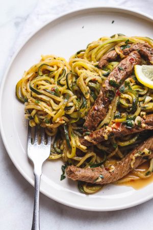 15-Minute Lemon Garlic Butter Steak with Zucchini Noodles