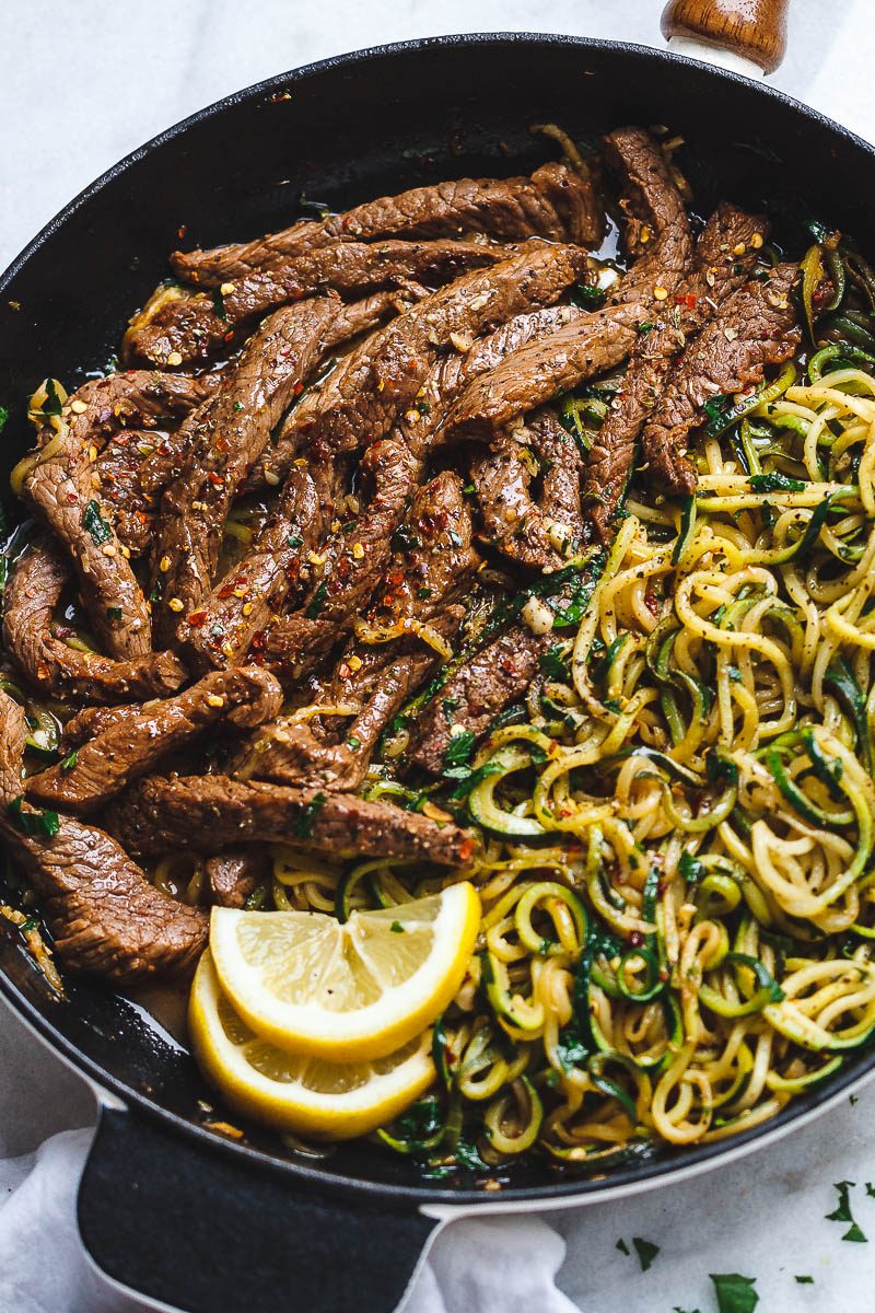 15-Minute Garlic Butter Steak with Zucchini Noodles — #eatwell101 #recipe - Delicious juicy marinated steak and zucchini noodles, so much flavor and nearly IMPOSSIBLE to mess up! #Garlic #Butter #Steak  #Zucchini #Noodles