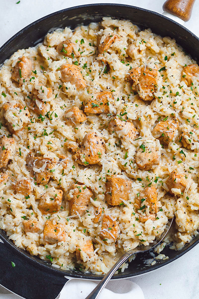 One-Pan Creamy Parmesan Chicken and Rice - Delicious, creamy, cheesy chicken and rice made in one pan to nourish your body and please your palate.