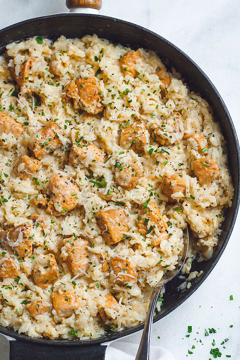 One-Pan Creamy Parmesan Chicken and Rice - Delicious, creamy, cheesy chicken and rice made in one pan to nourish your body and please your palate.
