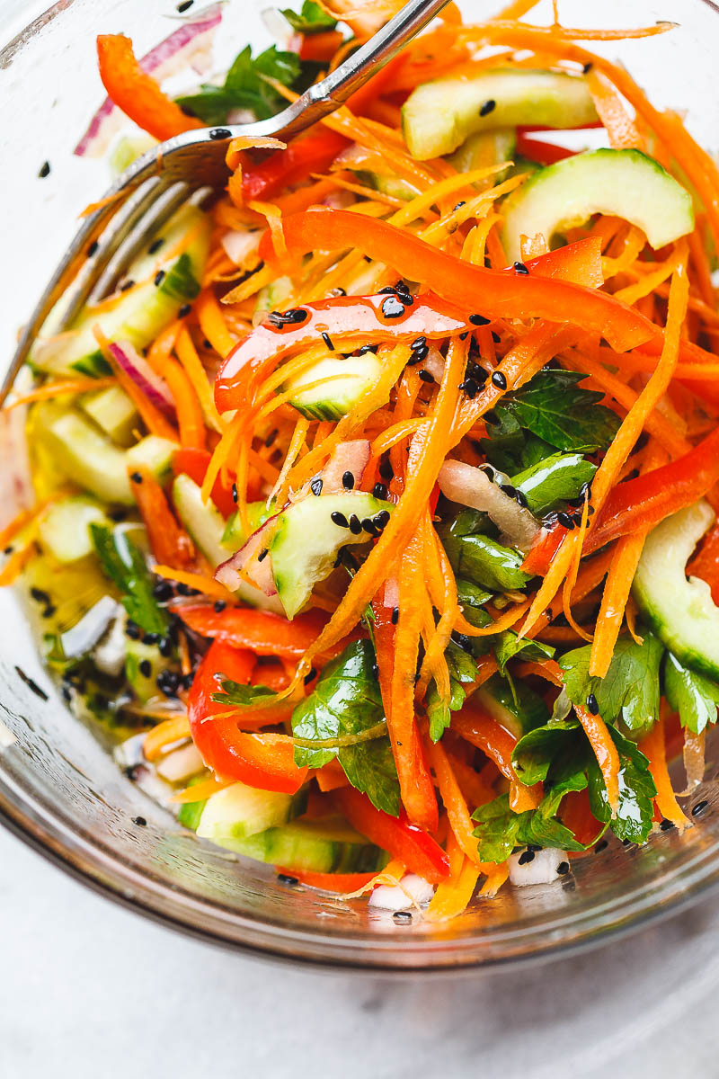 Asian Noodle Salad - With the Best Ever Ginger Vinaigrette. This vegan make-ahead salad is loaded up with healthy veggies and perfect for midweek lunches or larger gatherings.