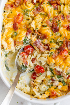 Cheesy Chicken Pasta Casserole with Spinach and Bacon