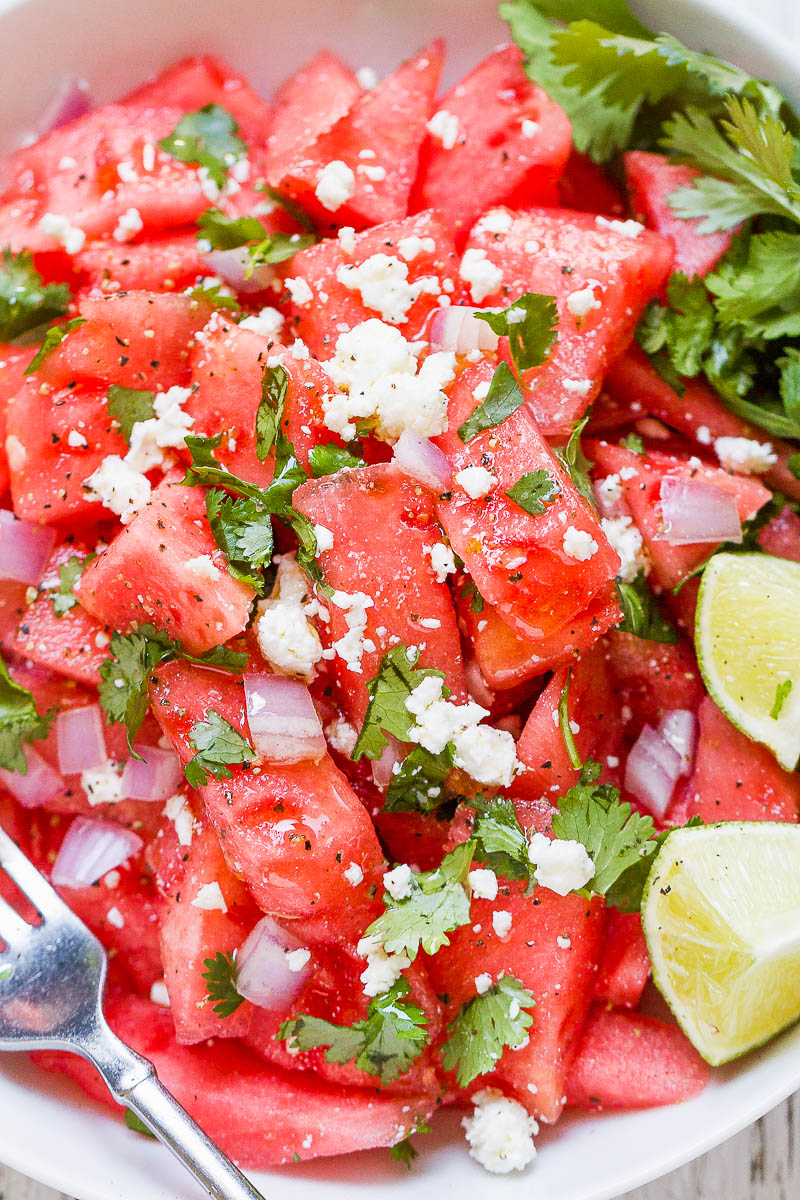Cilantro Lime Watermelon Feta Salad - Sweet, fresh and juicy, a definite crowd pleaser!