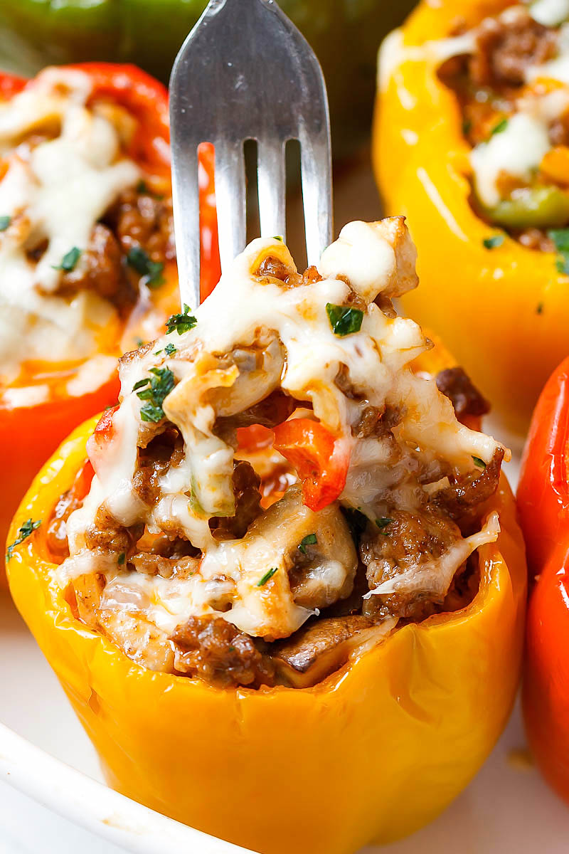 Cheese Steak Keto Low-Carb Stuffed Peppers - #eatwell101 #recipe #keto #lowcarb - An easy, cheesy, filling meal that is packed with flavor and delicious ingredients!