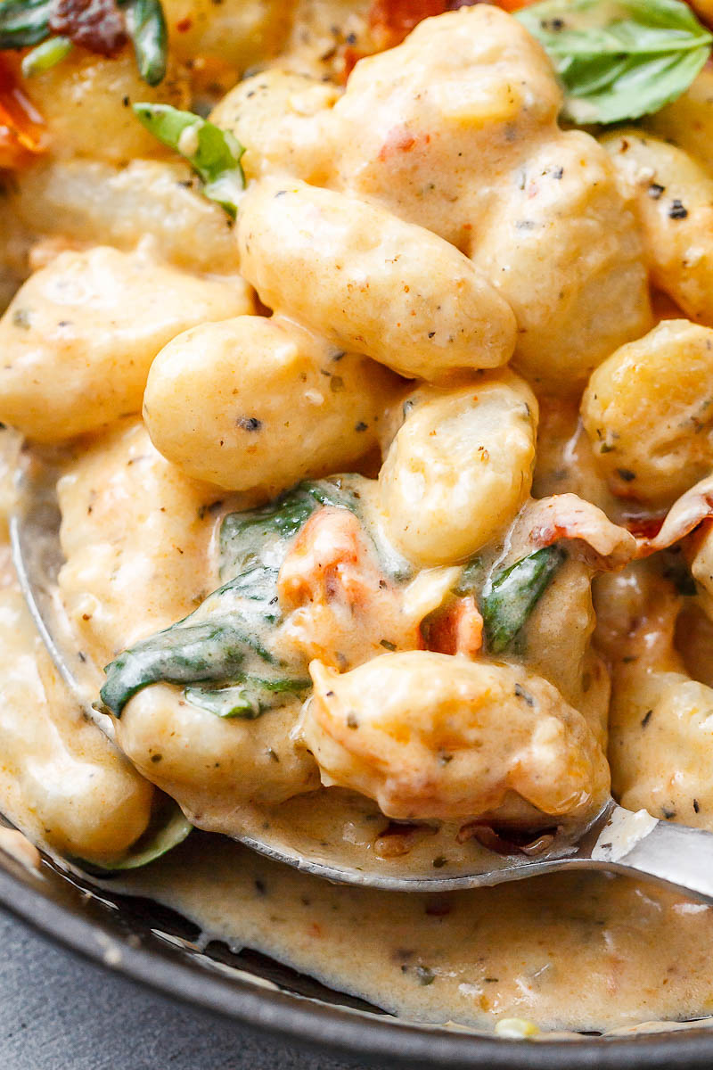 Potato Gnocchi in Bacon Spinach Cream Sauce - A delicious restaurant quality weeknight meal - Made in 20 minutes or less!