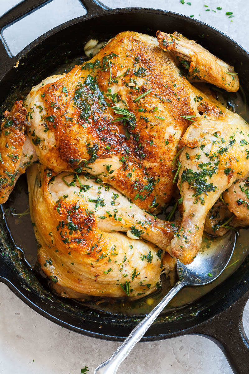 Roasted Garlic Butter SpatchCock Chicken - Crisp and juicy at the same time, this easy chicken dinner is so amazing