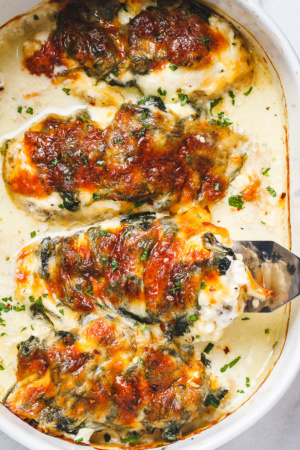 Spinach Chicken Casserole with Cream Cheese and Mozzarella