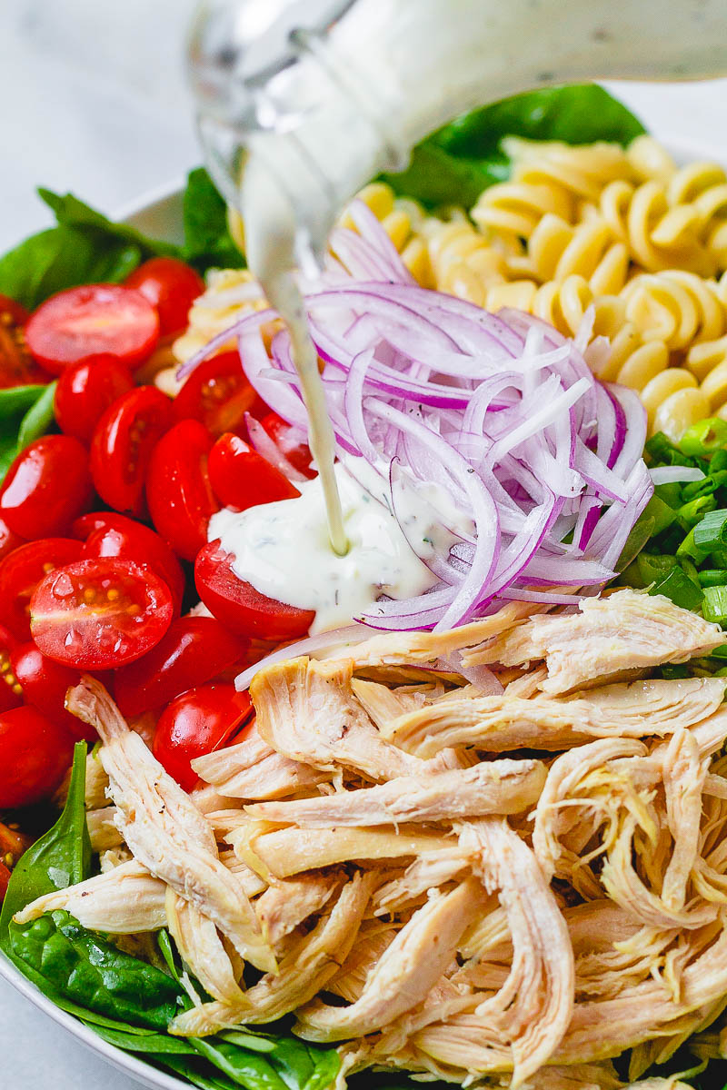 Chicken Spinach Pasta Salad with Creamy Ranch Dressing - A total crowd pleaser, perfect for potlucks and summer get togethers.