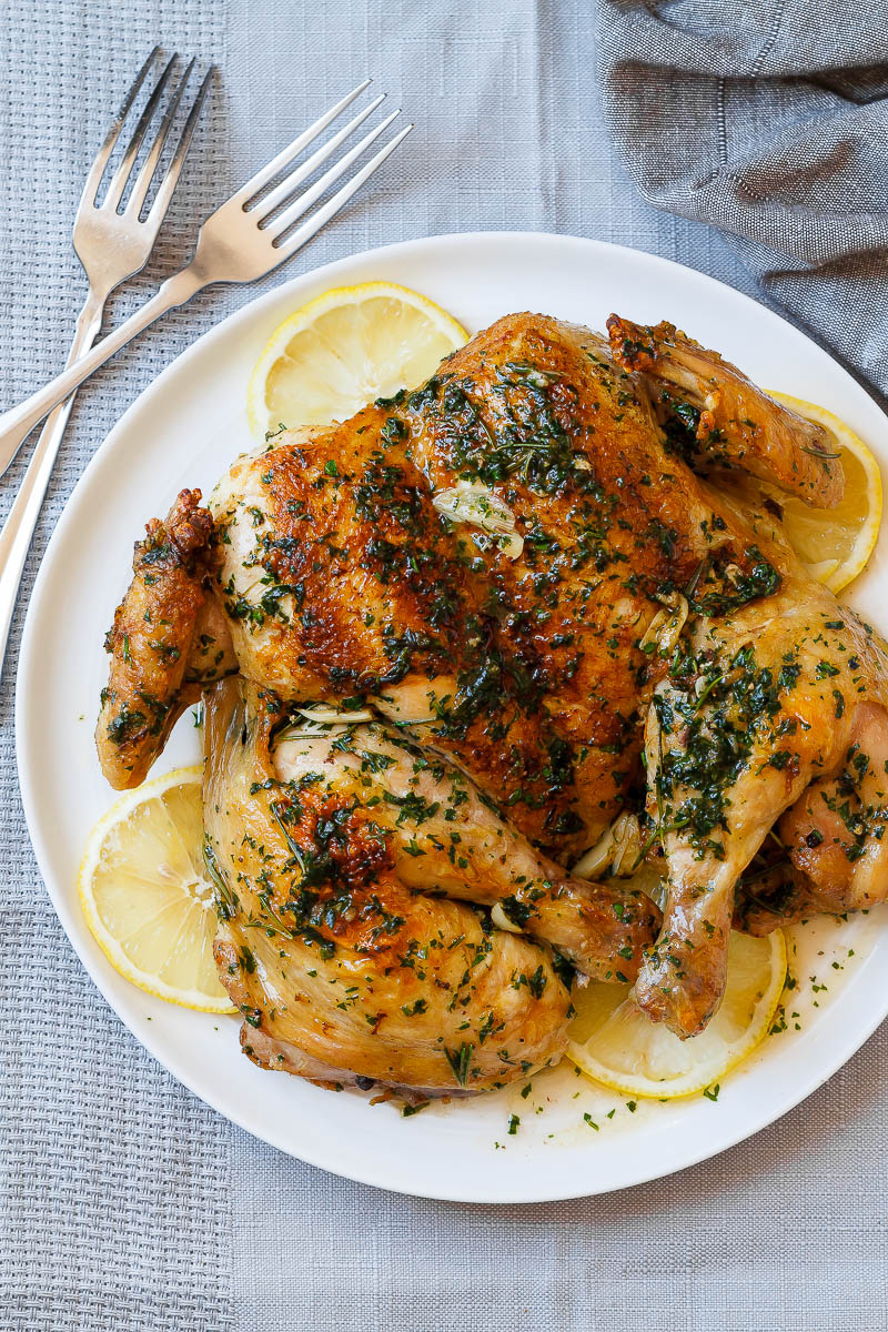 Roastedn Garlic Butter SpatchCock Chicken - Crisp and juicy at the same time, this easy chicken dinner is so amazing