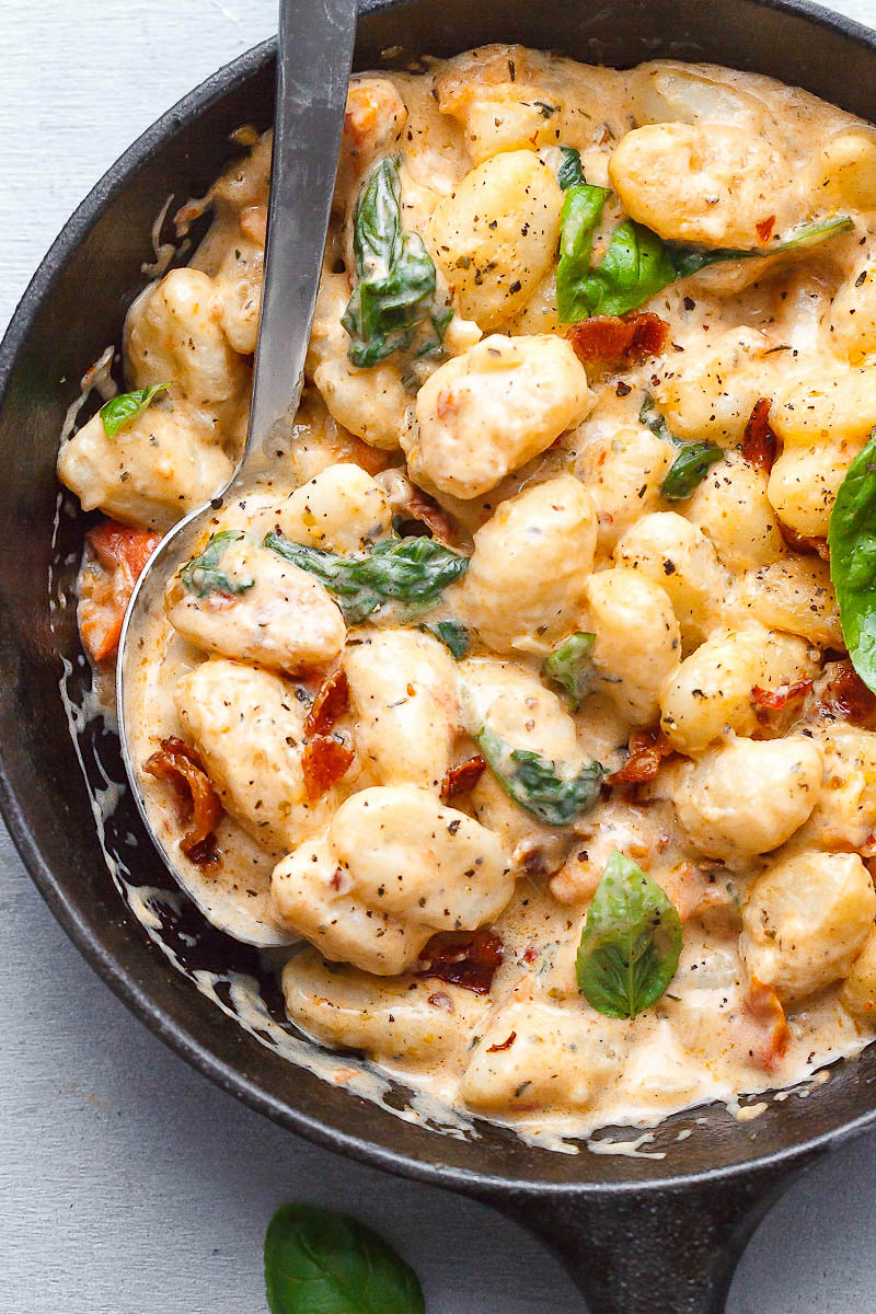 Potato Gnocchi in Bacon Spinach Cream Sauce - A delicious restaurant quality weeknight meal - Made in 20 minutes or less!