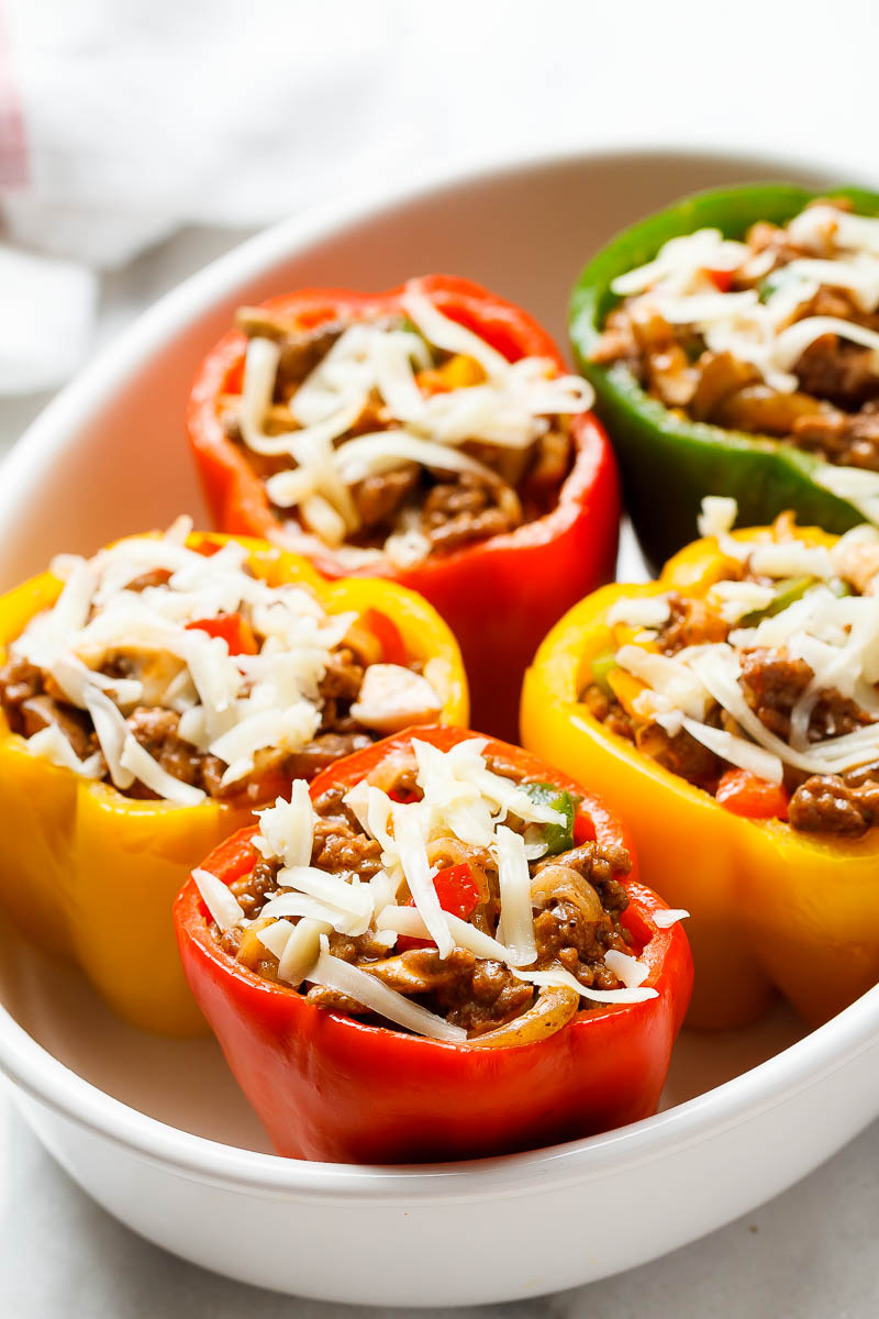 Cheese Steak Keto Low-Carb Stuffed Peppers - #eatwell101 #recipe #keto #lowcarb - An easy, cheesy, filling meal that is packed with flavor and delicious ingredients!
