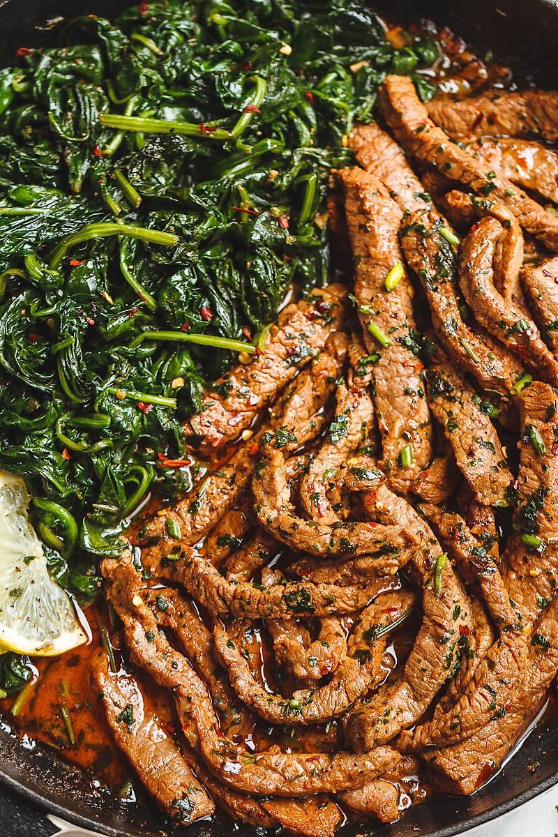 Lemon Garlic Butter Steak and Spinach - Tons of flavor and so easy to make! A quick low carb dinner you’ll be crazy about.