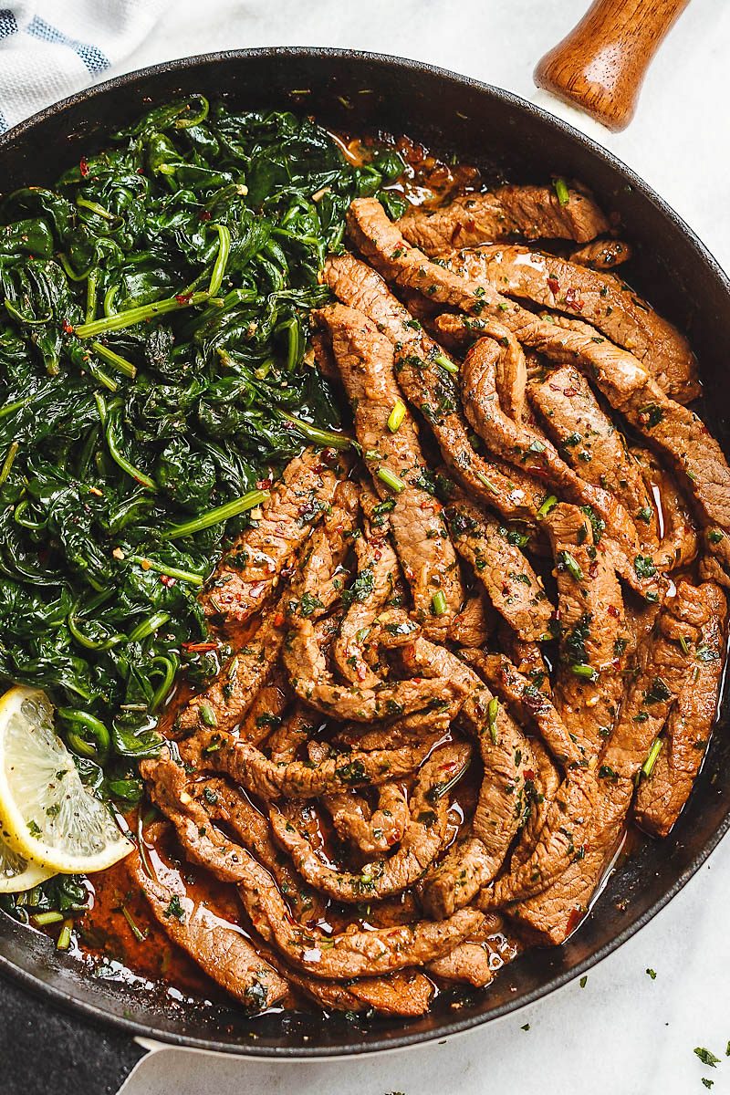 Lemon Garlic Butter Steak and Spinach - Tons of flavor and so easy to make! A quick low carb dinner you’ll be crazy about.