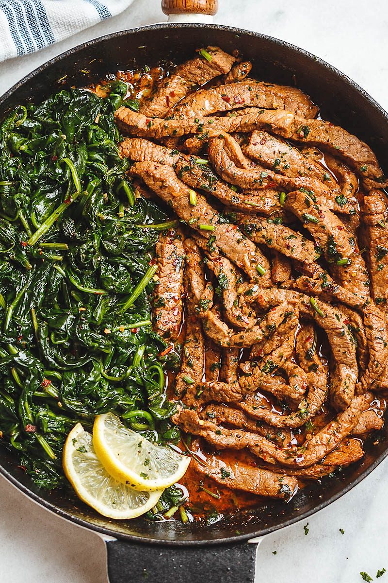 Lemon Garlic Butter Steak and Spinach - Tons of flavor and so easy to make! A quick low carb dinner you’ll be crazy about.