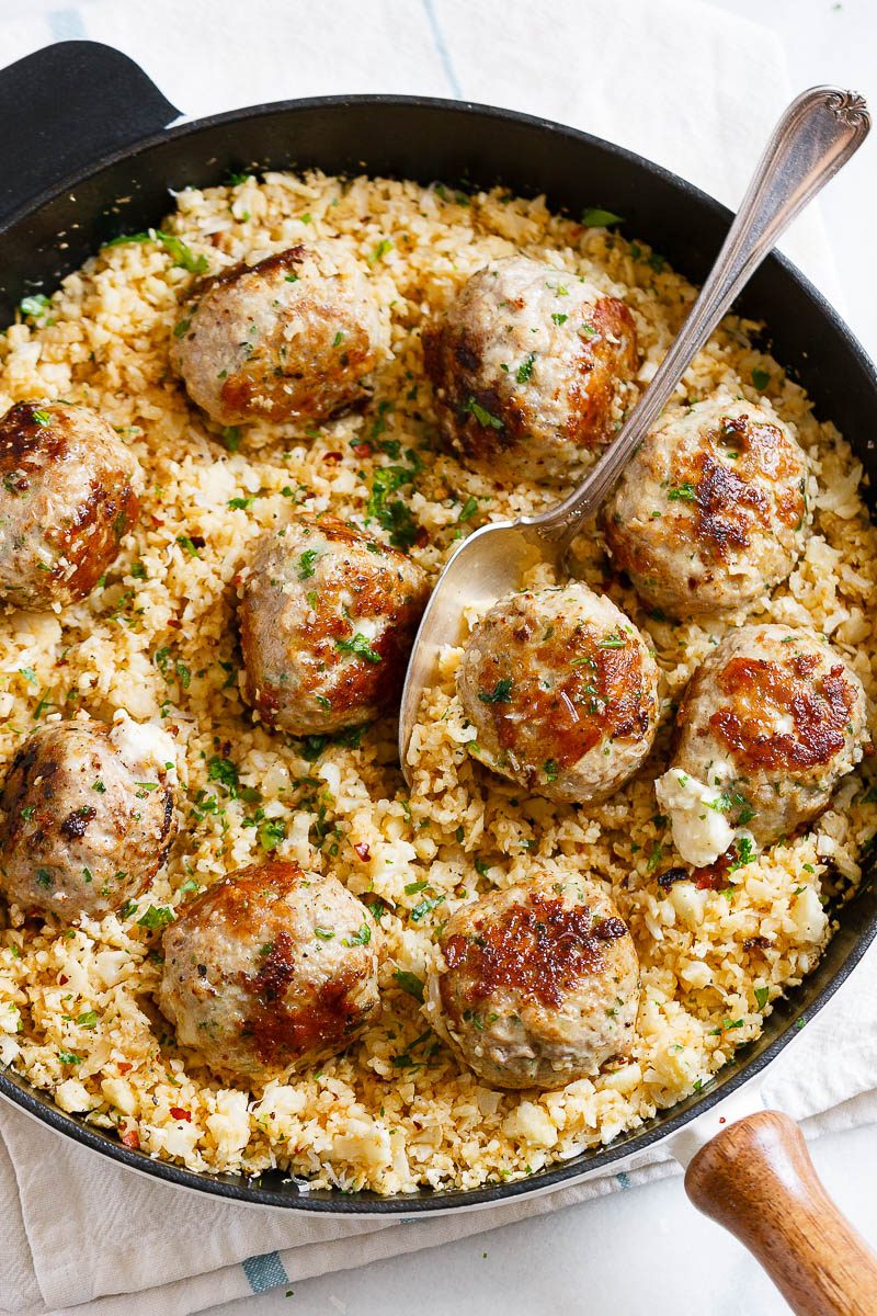 Cheesy Stuffed Turkey Meatballs with Cauliflower Rice - A rich and indulgent plate of comfort with a healthy twist!