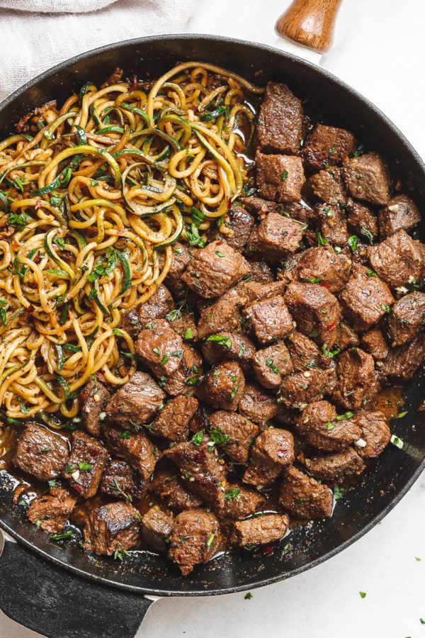 Garlic Butter Steak Bites with Lemon Zucchini Noodles - #recipe by #eatwell101 - https://003.wrwe1r1zs3czx3c.workers.dev/garlic-butter-steak-bites-zucchini-noodles-recipe