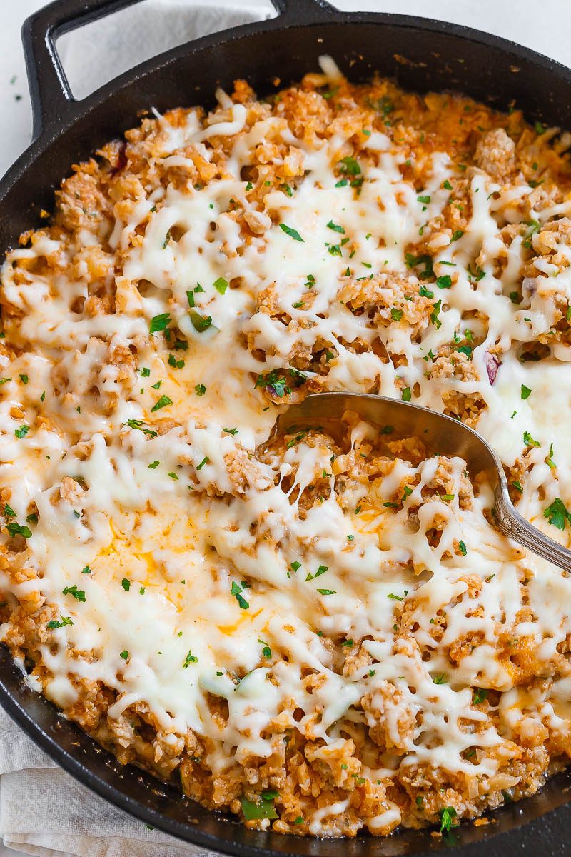 Sausage Taco Cauliflower Rice Skillet - A nutritious low-carb, keto, paleo main dish for dinner.