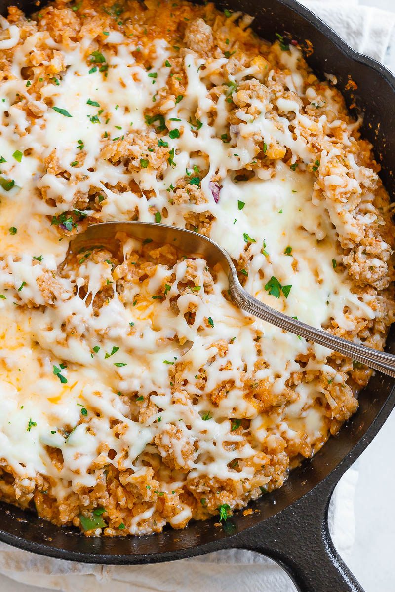 Sausage Taco Cauliflower Rice Skillet - A nutritious low-carb, keto, paleo main dish for dinner.