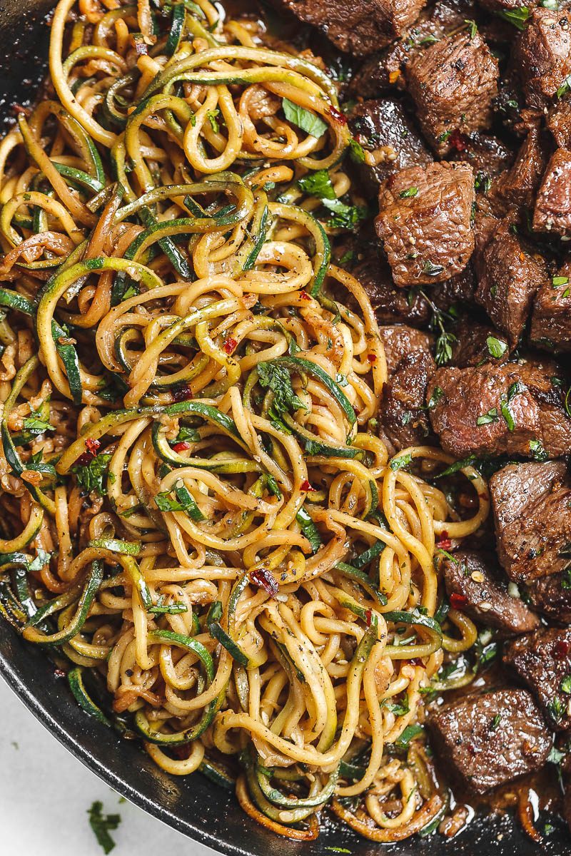 Garlic butter Steak Bites with Lemon Zucchini Noodles -  #eatwell101#recipe So much flavor and so easy dinner to throw together! #Garlic #butter #Steak,  #bite #recipe.