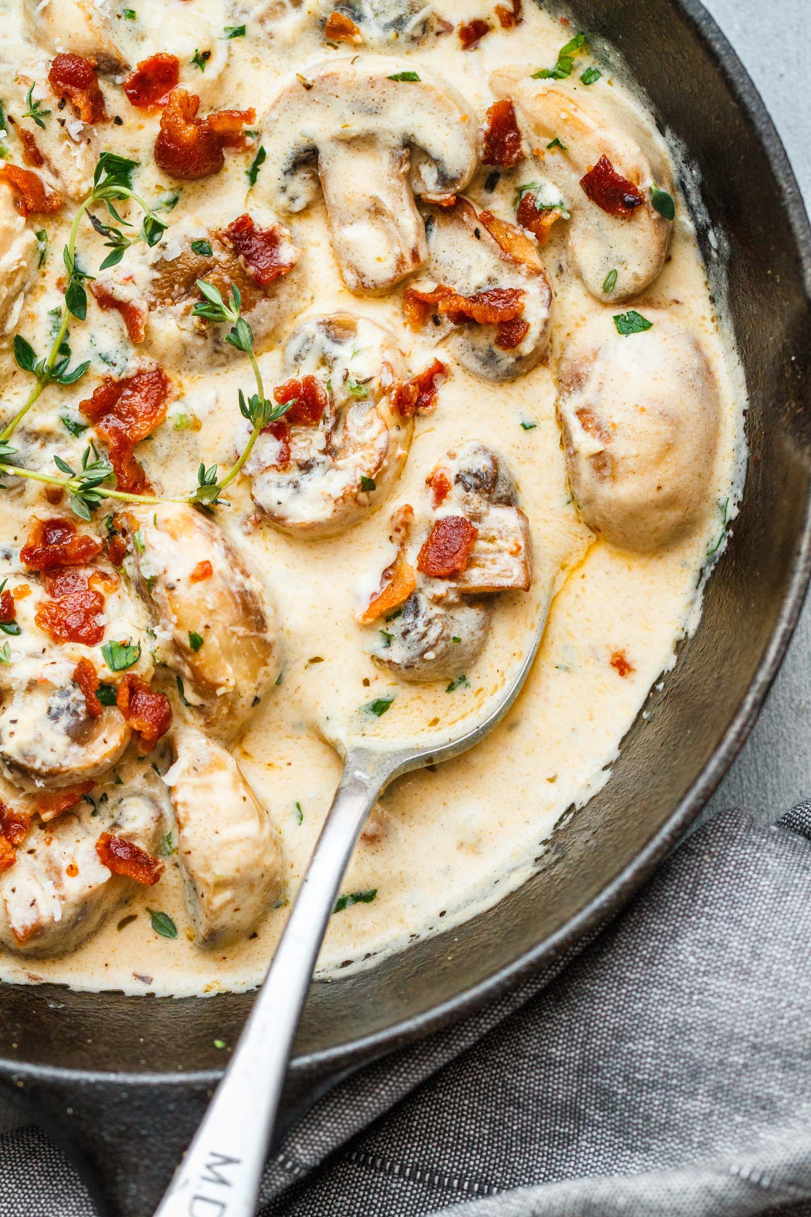 Creamy Garlic Parmesan Mushrooms with Bacon - A decadent garlic parmesan mushroom cream sauce that will have you licking your plate clean!